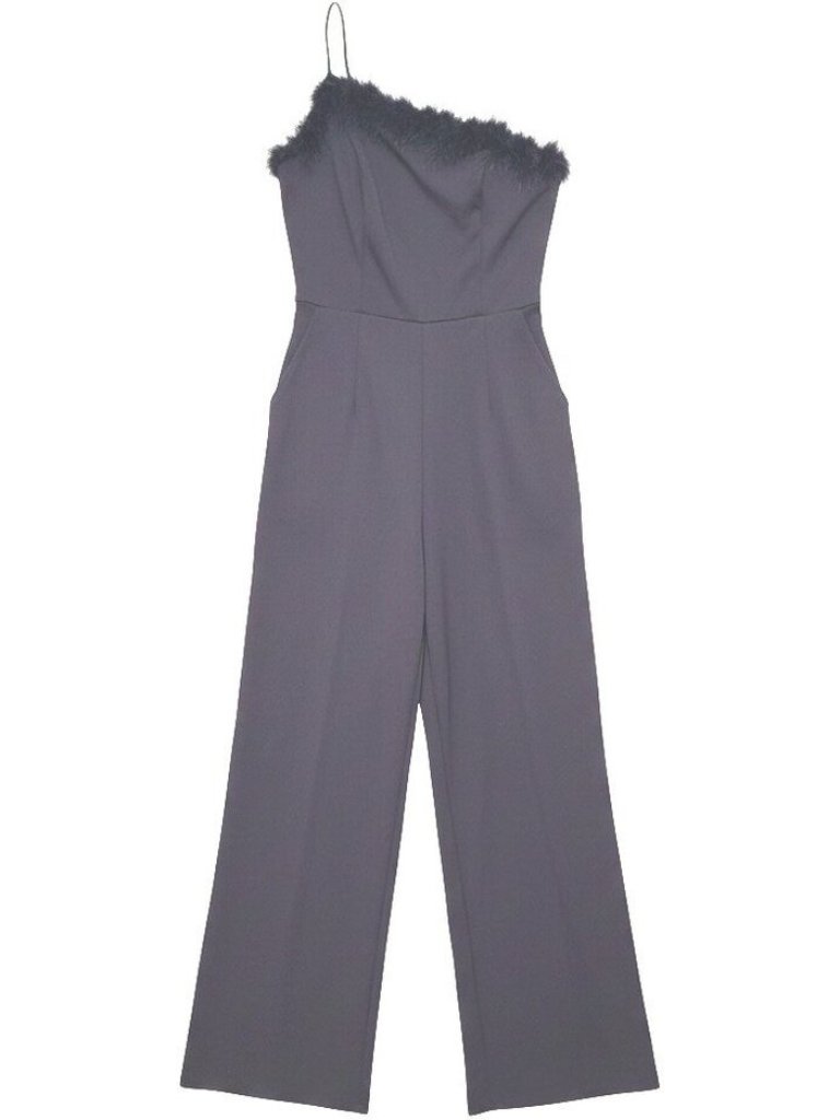Crystal Sky Black Jumpsuit Eveningwear Feather Asymmetrical Neckline Size Large